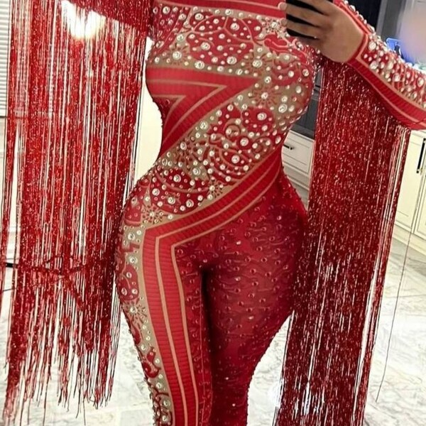 Stage Costume: Rhinestone Crystal jumpsuit, Red Unitard, festival Catsuit, Dance Unitard,Circus bodysuit. showgirl costume. Festival costume