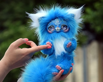 Blue Fantasy Cat Doll, OOAK Furry Kitten, Magic Animal
