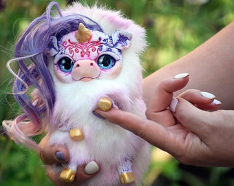 Fantasy Cute Unicorn Art Doll made of Polymer Clay Mixed Technique