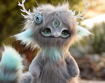 LIORA Woodland Soul Plush, OOAK Forest Spirit, Crystal Antlers Fantasy Creature, Third Eye Art Doll, Handmade Magical Plush