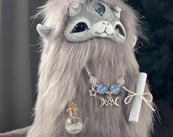 Fluffy Guardian Creature Handcrafted Lucky Bringer Magical Amulet with Blessing Scroll