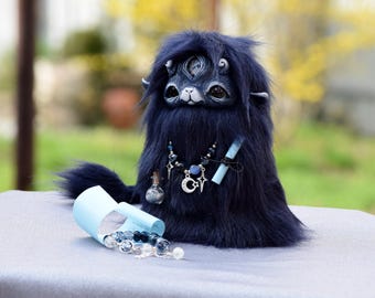Handmade Dark Blue Night Guardian: Fantasy Art Doll with Magic Vial