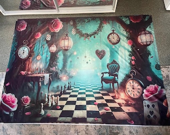 Colorful Polyester Banner 180x230cm Wonderland Party Backdrop Alice in Wonderland Theme 2D Print