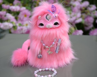 Handmade Fuzzy Lucky Creature: Magical Charm with Blessing Scroll