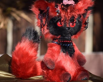 Gothic Red Fox Plush Art Doll, Handmade Collectible Creature
