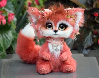 Muñeco de zorro bohemio: peluche hecho a mano con cuentas, flores y joyas