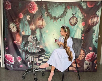Colorful Polyester Banner 180x230cm Wonderland Party Backdrop Alice in Wonderland Theme 2D Print