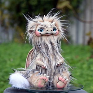Handmade Beige Fantasy Dragon: Polymer Clay & Faux Fur
