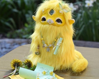 Yellow Fantasy Creature Doll, Handmade Art Toy, Magical Plush Spirit, OOAK Fairy Companion, Gift for Collector, Whimsical Decor
