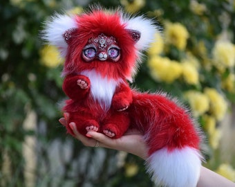 Red Fox Panda Fantasy Cat Animal Art Doll OOAK Мех полимерной глины