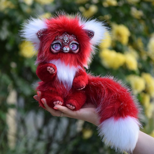 Red Fox Panda Fantasy Cat Animal Art Doll OOAK Мех полимерной глины