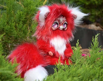 Red Fox Panda Fantasy Cat Animal Art Doll OOAK Мех полимерной глины