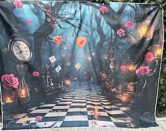 Colorful Polyester Banner 180x230cm Wonderland Party Backdrop Alice in Wonderland Theme 2D Print