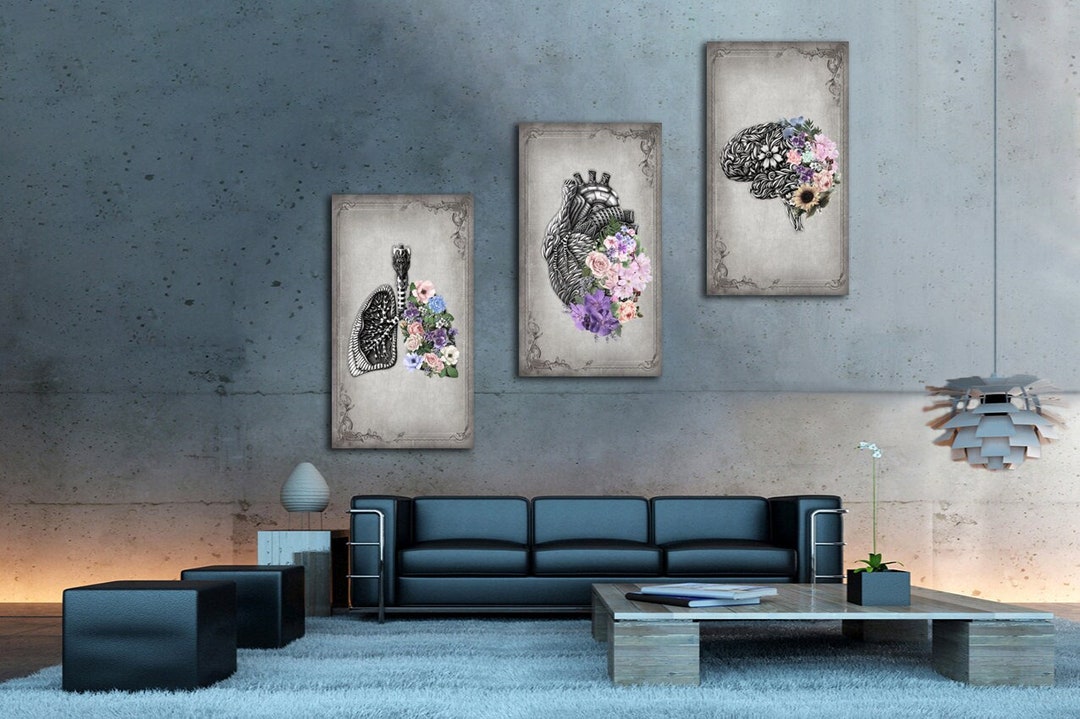 Human Anatomy Print Art, Set of 3 Anatomy Floral, Brain Posters, Heart ...