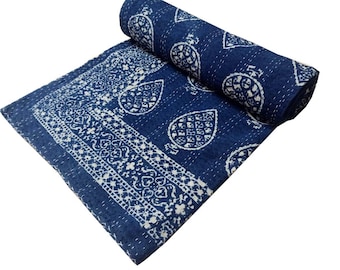 Indigo Floral Kantha Quilt - Handmade Indian Bedspread Throw