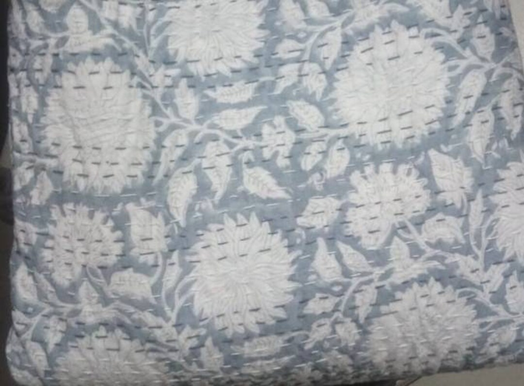 Handmade Kantha Cushion Cover – 20x12 Inch Blue Indian Cotton Pillow Sham, Embroidered Bed Decor