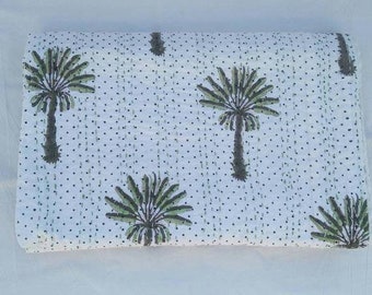 Handblock palmträd indiskt handgjort Kantha-täcke Kantha-pläd, Kantha-överkast storlek multi