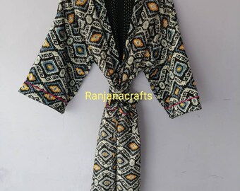 Block Print Kantha Work Winter Season Useable Kimono Robe Night Costume Delivery Gown Japanese Kimono Bridesman Robes