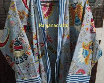 Indian Floral Kimono, Cotton Bathrobe, Dressing Gown, Indian Wood Block Prints, Cotton Kimono Robe, Feathers Print, Free Size Long Robe