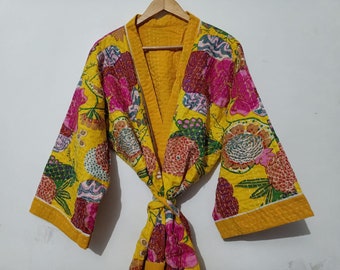 Yellow Fruit Print,Indian Kantha Stitch,Winter Kimono Cardigan Satin Kimono Robe Winter Kimono Jacket Japanese Robes Kimono, Dressing Gown