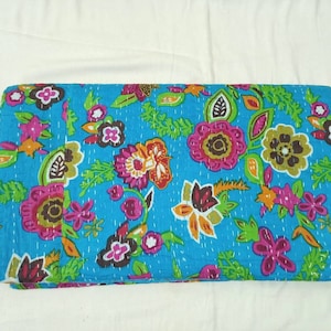 Couette kantha en coton indien à fleurs bleues Couette queen size Couverture de couette bohème Couvre-lit Couvre-lit
