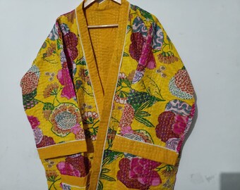 Kantha Stitching Kimono,Quilted Robe, Fruit Print Kantha Dress, Indian Handmade Kimono Robes,Japanese Kimono,Bridesman Robes,Kimono Cardigan