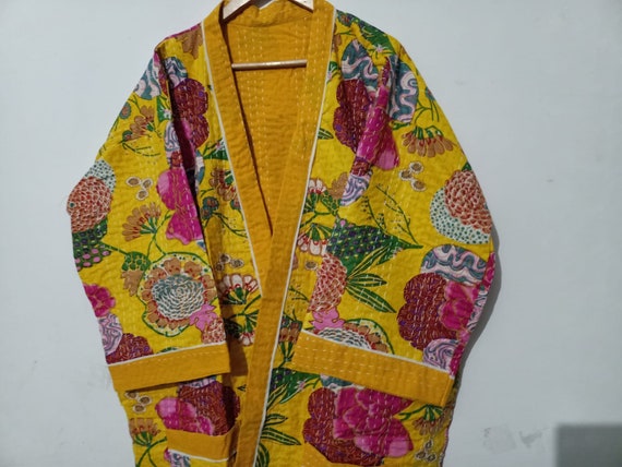 Kantha Stitching Kimono,Quilted Robe, Fruit Print Kantha Dress, Indian Handmade Kimono Robes,Japanese Kimono,Bridesman Robes,Kimono Cardigan