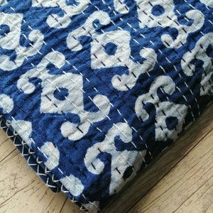 Cotton Best indigo blue Indian handblock kantha quilt, kantha throw, coverlet bedcover size queen