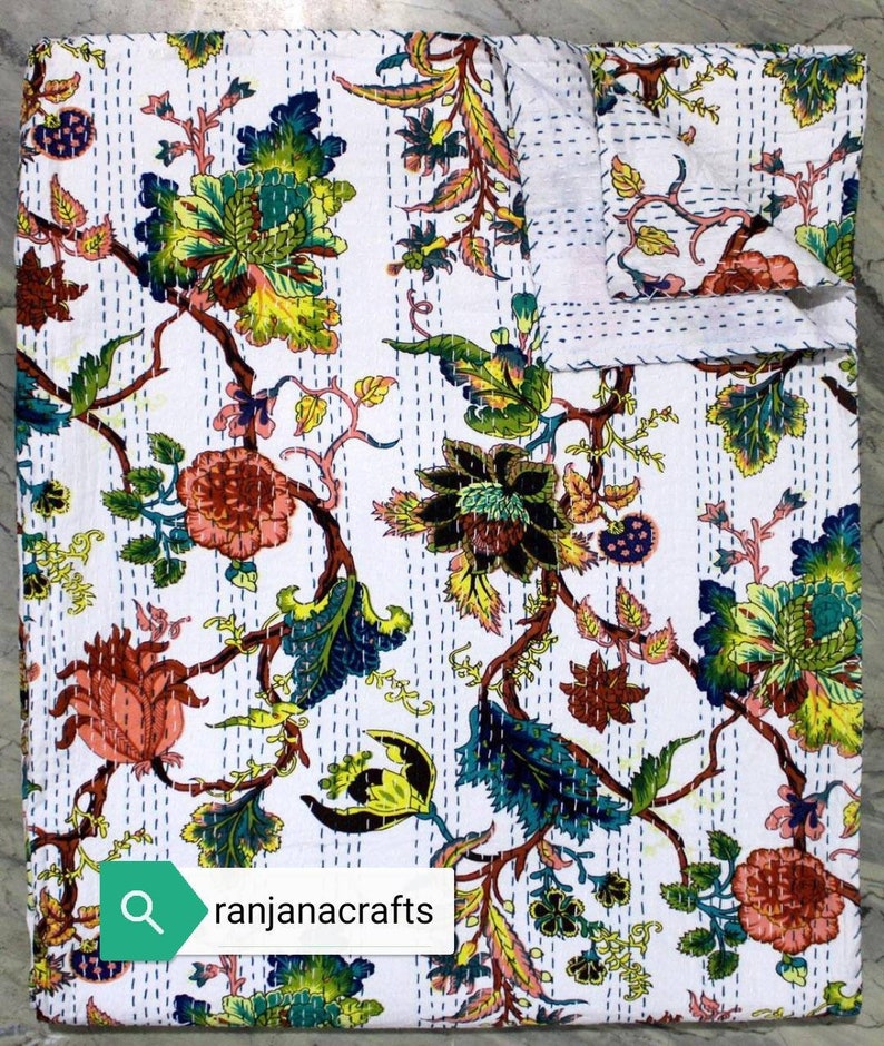 beautiful white floral kantha quilts,kantha throw,bedding bedcover balnket size queen