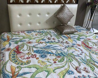 Bird print Indian beautiful Kantha quilt Kantha throw perfect bed matching bedcover size multi