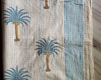 Palmträdsquilt vackert trädtryck dekorativt indiskt handgjort Kantha-quilt Kantha-överkast storlek Queen