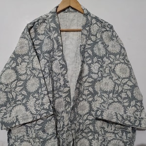 Handmade Kantha Kimono, Cotton Bathrobe,Dressing Gown, Indian Wood Block Prints, Cotton Kimono Robe, Feathers Print,Free Size 48 in long