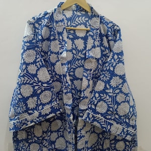 Block Print Kimono Hand Block Printed Kimono, Cotton Bathrobe,Indian Wood Block Prints, Cotton Kimono Robe, Feathers Print, Free Size Robe
