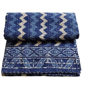Handmade Indian beautiful floral print Kantha quilt Kantha throw bedcover, blanket coverlet perfect bed matching bedspread size multi