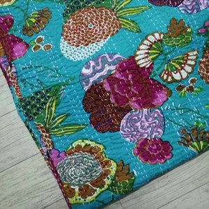 fruit print New Indian beautiful floral kantha quilt, kantha bedspread blanket coverlet perfect bed matching throw size multi.