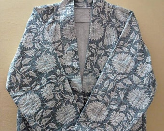 Gray Floral Cotton Kantha Stitch Winter Kimono Cardigan Satin Kimono Robe Kimono Winter Jacket Winter Kimono Cardigan Kimono Winter Abaya