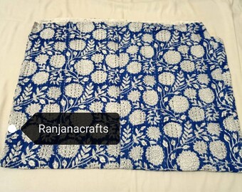 Blue Indian Handblock Print Cotton Kantha Quilt Blanket Bedspread Throw Bedspread Summer Blanket Bedding Quilt Bedcover Floral Kantha