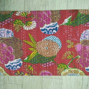 Red color Indian handmade Kantha quilt, floral bedspread, kantha coverlet size multi