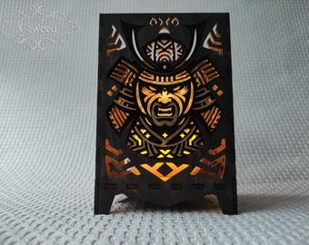 Wooden Japanese Samurai Warrior Mask Tea Candle Holder Laser Cut Home Decor 2