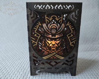 Wooden Japanese Samurai Warrior Mask Tea Candle Holder Laser Cut Home Decor 1