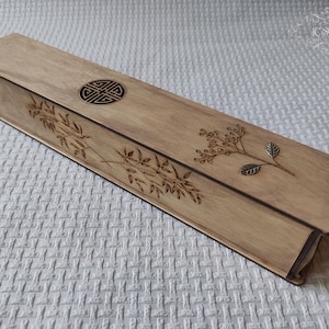 Wooden Incense Holder Box - Laser Engraved Floral Design with Metal Leaf Accents