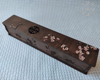 Wooden Sakura Branch Incense Stick Burner Box Laser Cut Home Decor Brown