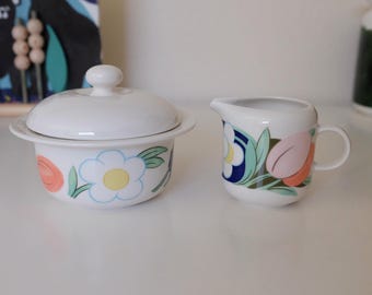 Arabia Poetica  flora sugar bowl and creamer, designed by Inkeri Leivo, Dorrit von Fieandt, Arabia Arctica vintage porcelain tableware