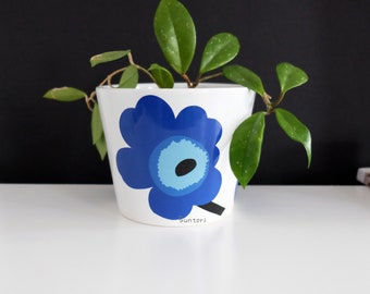 Vintage keramikkruka Marimekko Unikko vallmoblomkruka, planteringskruka, vinkyl, tillverkad i Finland, Maija Isola