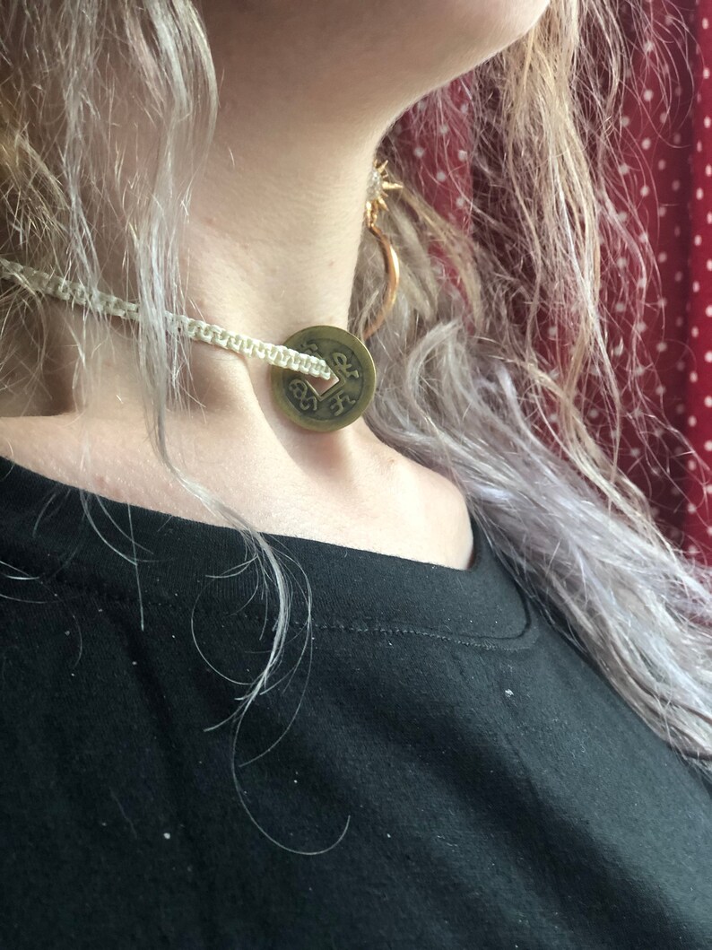 Handmade Macrame Charm Necklace White Choker Charm Necklace Lucky Protection Healing Coin Necklace Hippie Boho Style Choker Necklace