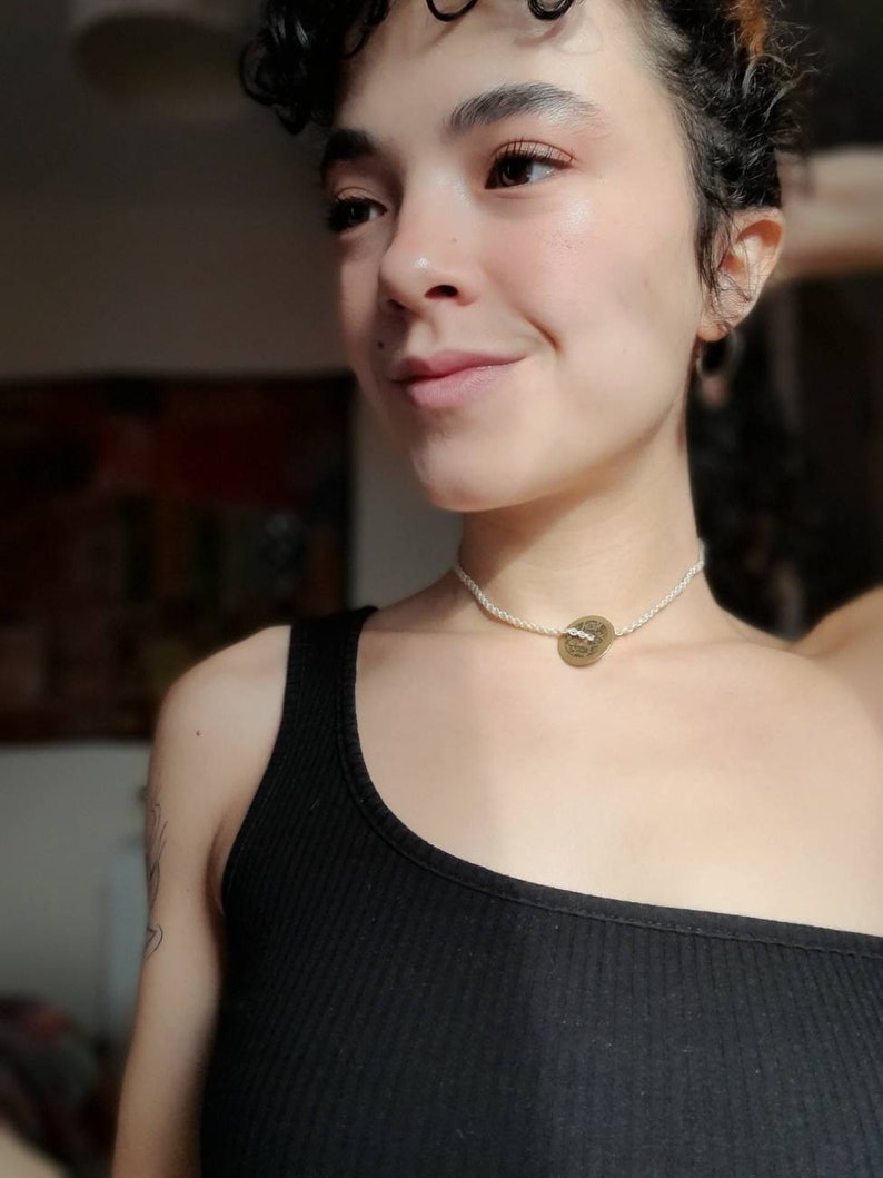 Handmade Macrame Charm Necklace White Choker Charm Necklace Lucky Protection Healing Coin Necklace Hippie Boho Style Choker Necklace