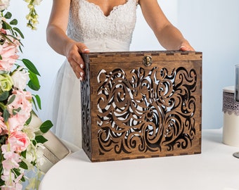 Personalized Wedding Card Box with Lock: Wooden Keepsake Box