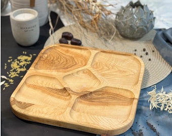 Wooden serving plate, compartmental dish, food snack tray, appetizer plates for snacks, cheese & fruit
