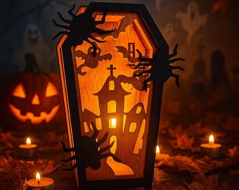 Spookhuis doodskistlantaarn met LED-theelichtje, gotische Halloween-decoratie