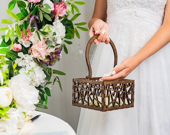 Rustic flower girl basket, wooden wedding petal toss basket